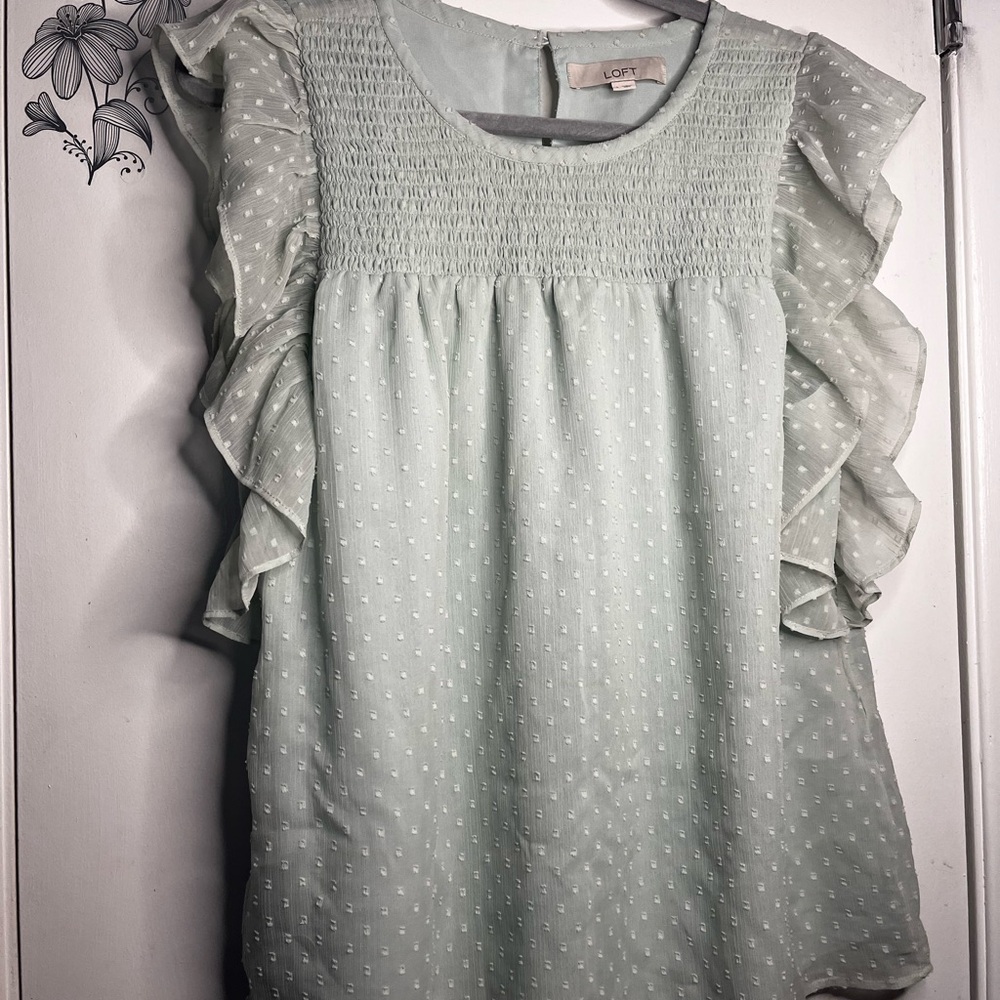 LOFT Light Green Ruffle Sleeve Blouse L